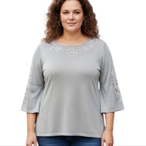 Bob Mackie Silver Metallic Floral Cut Out Blouse